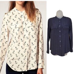 Equipment Femme Annabelle 100% Silk Navy Blue Anchor Print Button Down Blouse XS